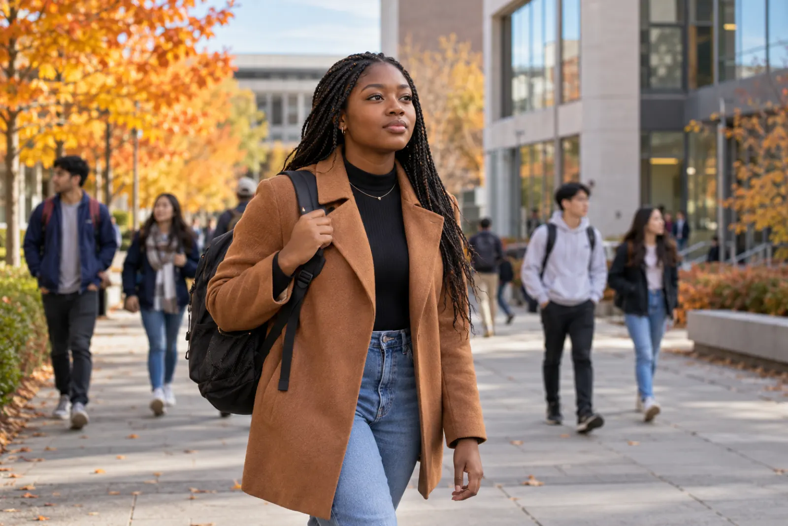 A student walking across a university campus