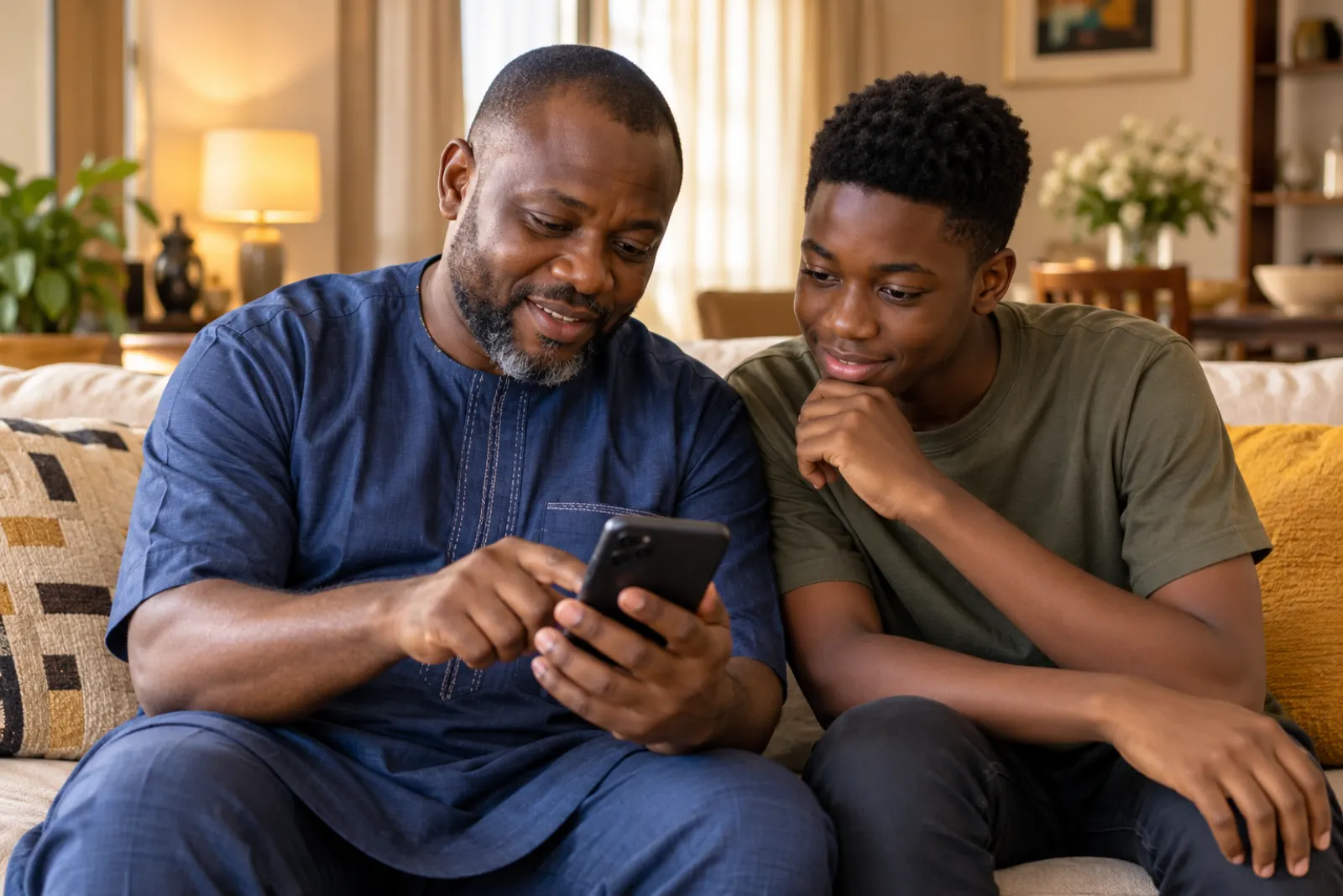 A father and his son reading together at home