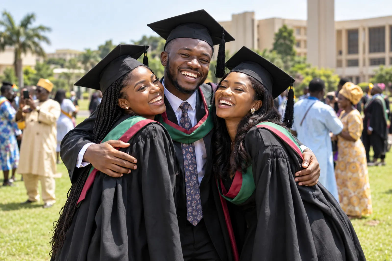 Three university graduates celebrating together on campus
