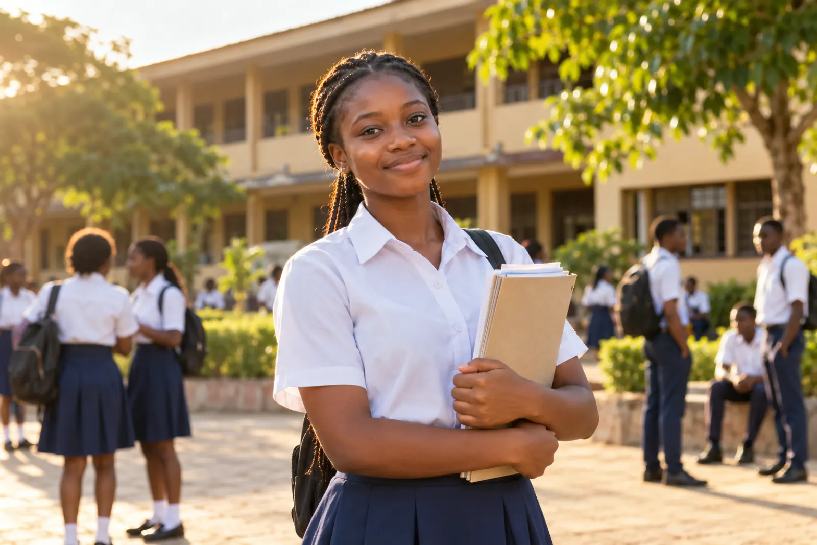 A Nigerian secondary school student holding her application documents in her school courtyard