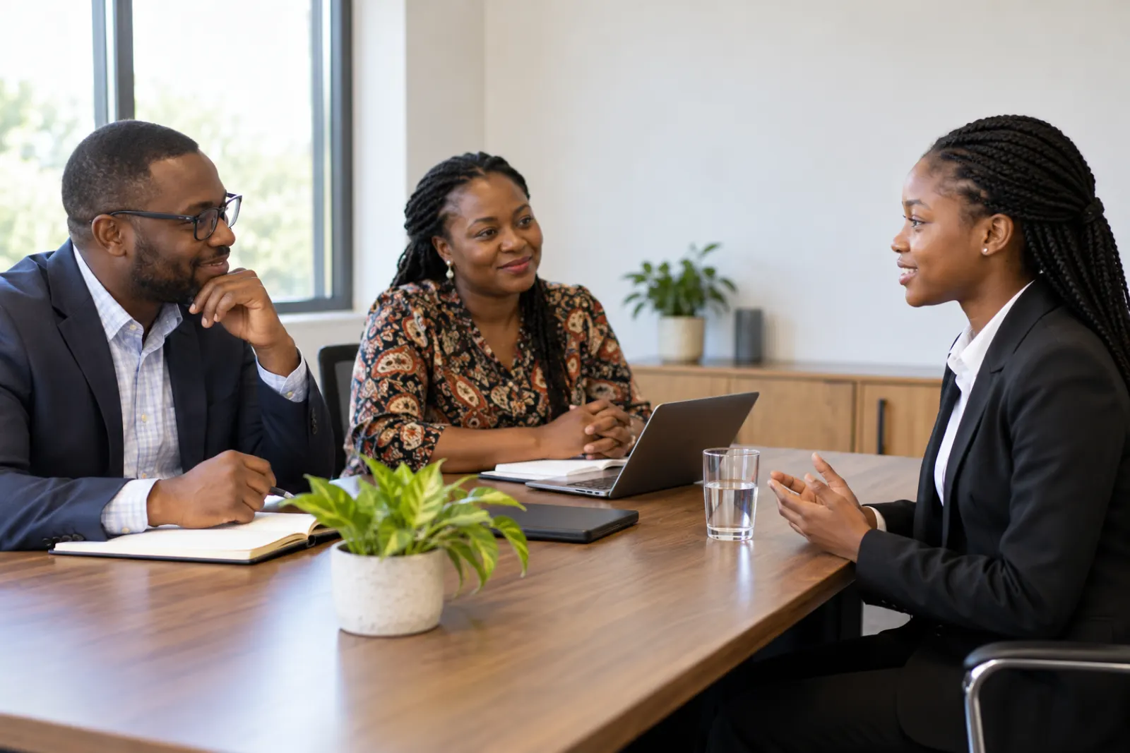 A student practising for a scholarship interview with two mentors