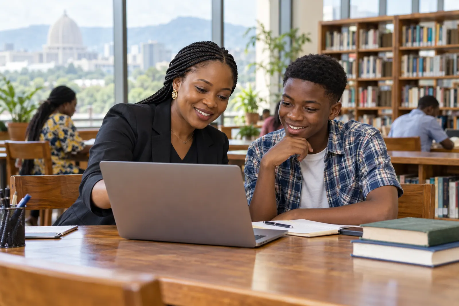 A mentor reviewing an application with a student