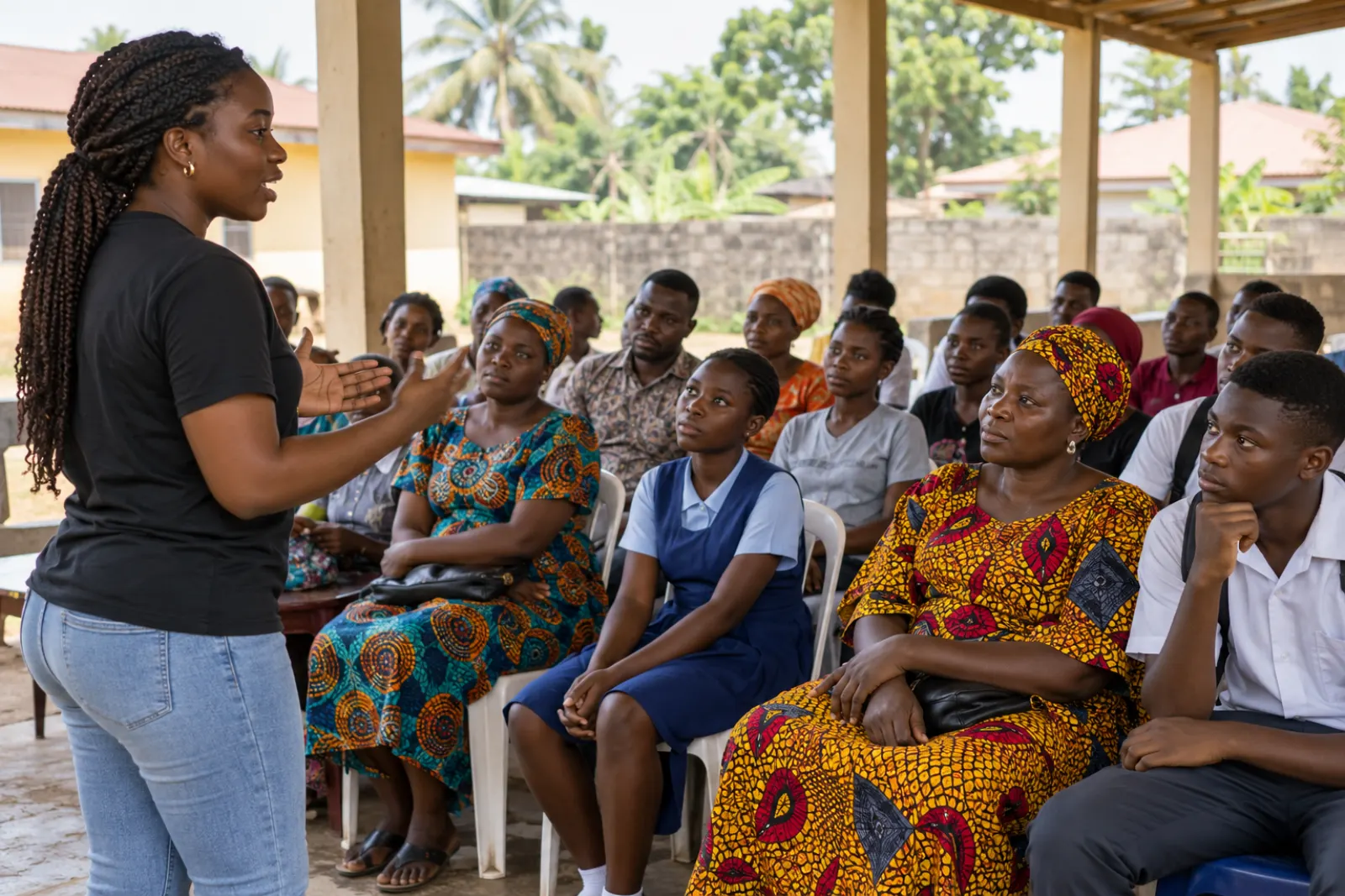 An EDTEF team member speaking with parents and students at a community information session