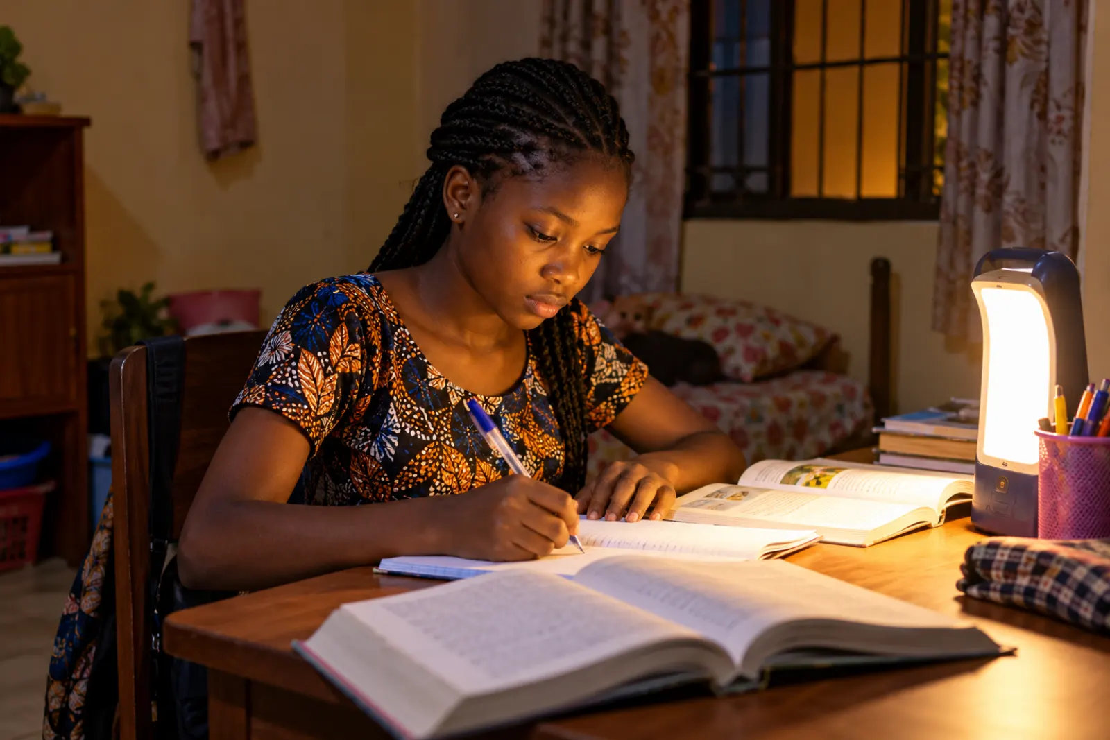 A student studying at home in the evening by lamplight